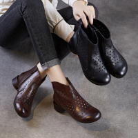 2026春夏季新款透气镂空女鞋真皮舒适软底洞洞鞋女中跟复古凉靴