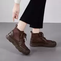 2026春夏新款真皮厚底网面凉靴女镂空洞洞罗马凉鞋牛皮平底短靴子