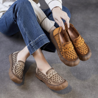 2026春夏新款软底软面一脚蹬真牛皮复古平底舒适洞洞休闲透气女鞋