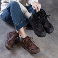 2026春夏薄款镂空马丁靴女牛皮厚底网面短靴真皮休闲系带罗马凉靴