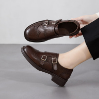 26春季新款手抓牛皮手工英伦风乐福鞋女复古做旧花布洛克小皮鞋