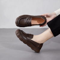 休闲单鞋女复古软底舒适女鞋2026春秋款中口真皮一脚蹬平底妈妈鞋
