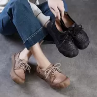 复古休闲真皮编织压花单鞋女2026春夏新款系带板鞋头层牛皮平底鞋