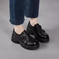 复古圆头皮带扣小皮鞋女26春新款真皮增高厚底英伦风百搭乐福单鞋
