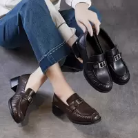 复古风乐福鞋女2026春季新款褶皱粗跟英伦风小皮鞋羊皮中跟单鞋子