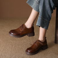 头层牛皮乐福鞋女2026春季新款复古英伦风粗跟圆头系带小皮鞋单鞋