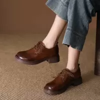 头层牛皮乐福鞋女2026春季新款复古英伦风粗跟圆头系带小皮鞋单鞋
