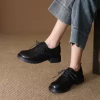 头层牛皮乐福鞋女2026春季新款复古透气粗跟圆头系带小皮鞋单鞋