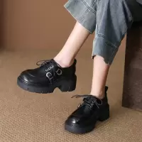 头层牛皮乐福鞋女2026春季新款英伦风圆头系带厚底百搭休闲单鞋