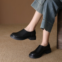 头层牛皮乐福鞋女2026春秋新款复古透气粗跟圆头一脚蹬小皮鞋单鞋