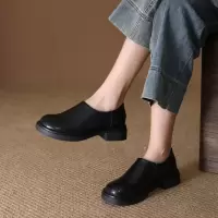 头层牛皮乐福鞋女2026春秋新款复古透气粗跟圆头一脚蹬小皮鞋单鞋