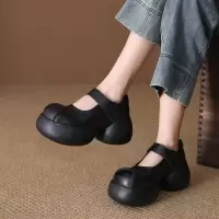 头层牛皮单鞋女2026春季新款厚底复古圆头透气魔术贴高跟休闲女鞋