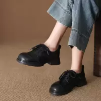 头层牛皮单鞋女2026春季新款圆头粗跟复古英伦风系带小皮鞋乐福鞋