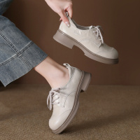 头层牛皮单鞋女2026春季新款圆头粗跟复古英伦风系带小皮鞋乐福鞋