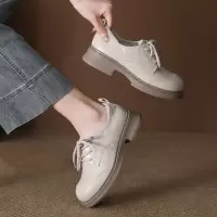 头层牛皮单鞋女2026春季新款圆头粗跟复古英伦风系带小皮鞋乐福鞋