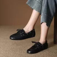 头层牛皮单鞋女2026春季新款圆头系带复古平底软底百搭真皮休闲鞋