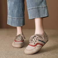 头层牛皮单鞋女2026春季新款圆头系带平底舒适不累脚运动休闲鞋