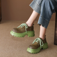 头层牛皮单鞋女2026春季新款复古圆头厚底软皮系带增高百搭休闲鞋