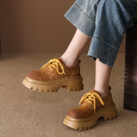 头层牛皮单鞋女2026春季新款复古圆头厚底软皮系带增高百搭休闲鞋