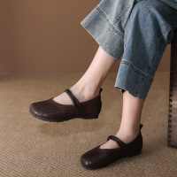 头层牛皮单鞋女2026春季新款复古手工编织圆头浅口平底软底豆豆鞋