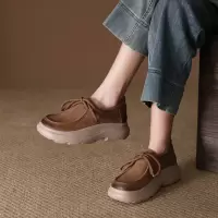 头层牛皮单鞋女2026春季新款复古系带厚底圆头百搭袋鼠鞋豆豆鞋