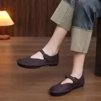 头层牛皮单鞋女2026春季新款复古软底圆头平底百搭透气休闲豆豆鞋