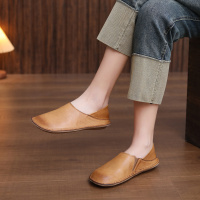 头层牛皮单鞋女2026春季新款平底软底透气圆头叠穿复古休闲女鞋