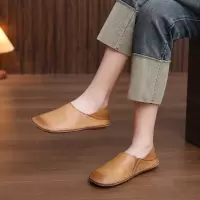 头层牛皮单鞋女2026春季新款平底软底透气圆头叠穿复古休闲女鞋