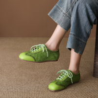 头层牛皮单鞋女2026春季新款绒皮系带平底复古圆头软底百搭豆豆鞋