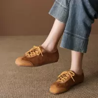 头层牛皮单鞋女2026春季新款绒皮系带平底复古圆头软底百搭豆豆鞋