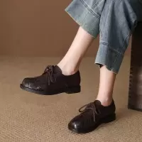 头层牛皮单鞋女2026春季新款编织真皮系带圆头复古手工平底乐福鞋