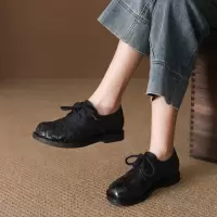 头层牛皮单鞋女2026春季新款编织真皮系带百搭复古手工平底乐福鞋