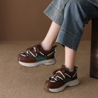 头层牛皮单鞋女2026春季新款透气网面圆头松糕跟休闲运动鞋老爹鞋