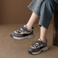 头层牛皮单鞋女2026春季新款透气网面时尚松糕跟休闲运动鞋老爹鞋