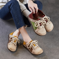 头层牛皮手工复古拼色女鞋2026春季新款舒适平底民族风休闲运动鞋