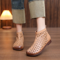 头层牛皮短靴女2026春季新款镂空休闲透气侧拉链圆头平底洞洞鞋