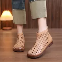 头层牛皮短靴女2026春季新款镂空休闲透气侧拉链圆头平底洞洞鞋