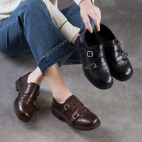 头层牛皮轻奢女鞋2026春季新款乐福鞋花布洛克英伦小皮鞋女单鞋