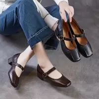 方头玛丽珍鞋女2026春季新款法式复古小皮鞋子厚底通勤羊皮单鞋