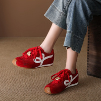 牛反绒德训鞋女2026春季新款休闲真皮时尚百搭圆头平底休闲小白鞋