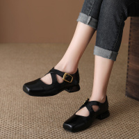 牛皮单鞋女2026春季新款方头浅口交叉带玛丽珍鞋粗跟复古百搭女鞋