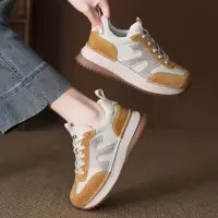 真皮单鞋女2026春季新款松糕底底拼接圆头系带百搭舒适休闲运动鞋