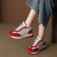 真皮单鞋女2026春季新款松糕底底拼接圆头系带百搭舒适休闲运动鞋