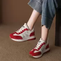 真皮单鞋女2026春季新款松糕底底拼接圆头系带百搭舒适休闲运动鞋