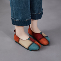 真皮拼色复古女鞋子2026春季新款中年妈妈休闲鞋平软底乞丐单鞋女