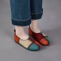 真皮拼色复古女鞋子2026春季新款中年妈妈休闲鞋平软底乞丐单鞋女