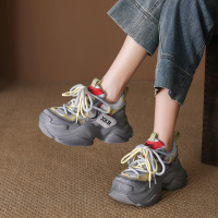 真皮老爹鞋2026春季新款网面拼接圆头系带百搭舒适休闲运动鞋女