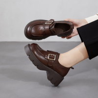 英伦复古厚底jk乐福鞋女26春新款黑色魔术贴小皮鞋深口皮带扣单鞋