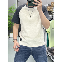 夏季休闲男士晕染拼接短袖T恤衫时尚字母钢印圆领套头上衣T恤