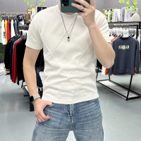 男士圆领针织短袖T恤春夏修身弹力冰丝镂空透气菱格半袖打底衫潮